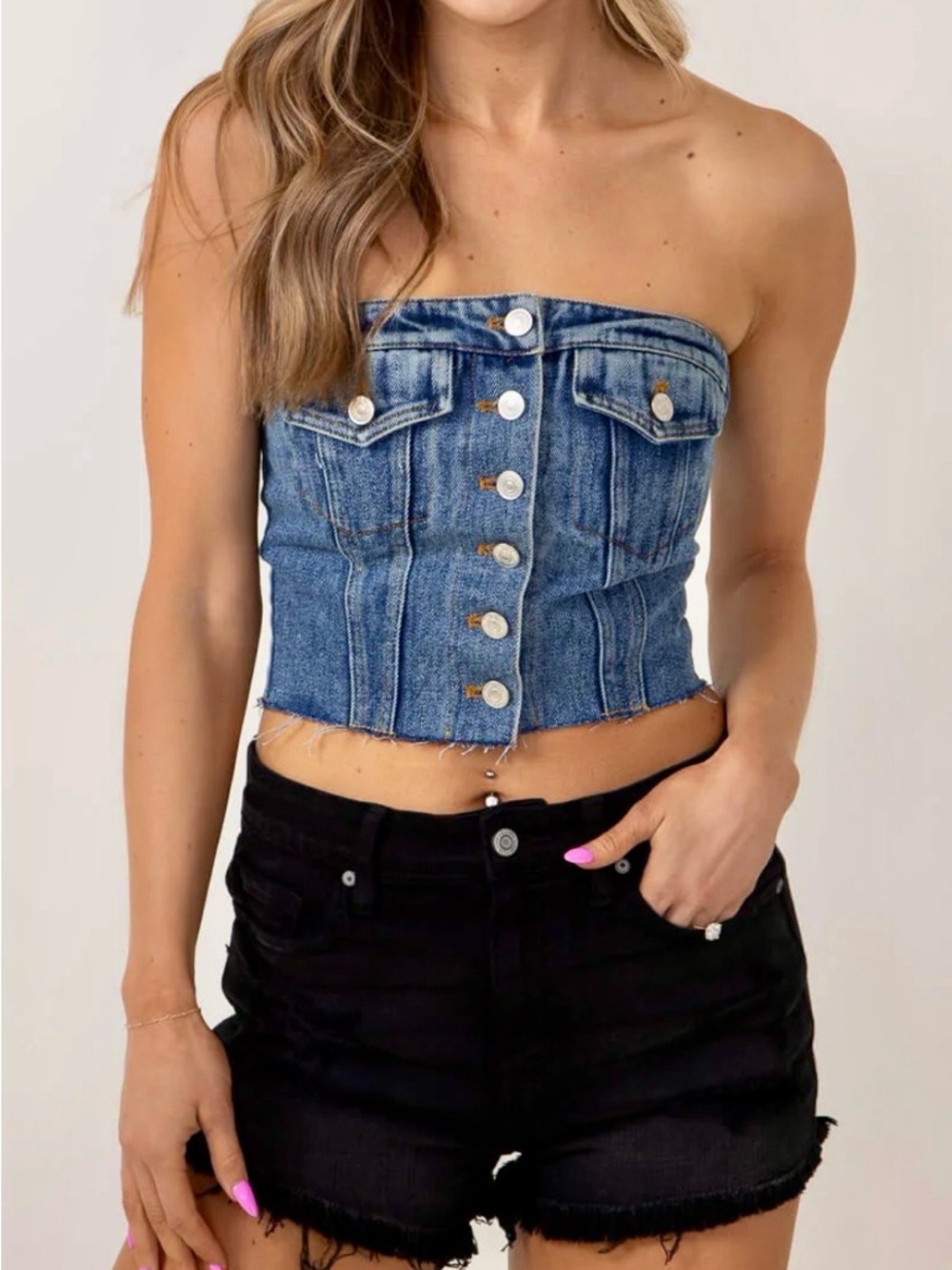 Denim Strapless Button Up Corset Top